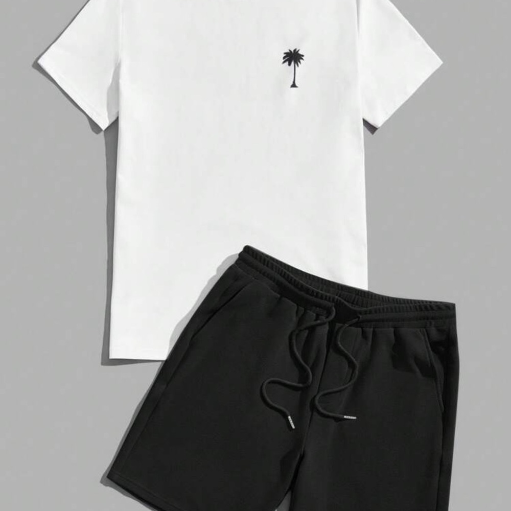 Manfinity Knitted Crew Neck Short Sleeve T-Shirt And Drawstring Shorts Set - Picture 2 of 5